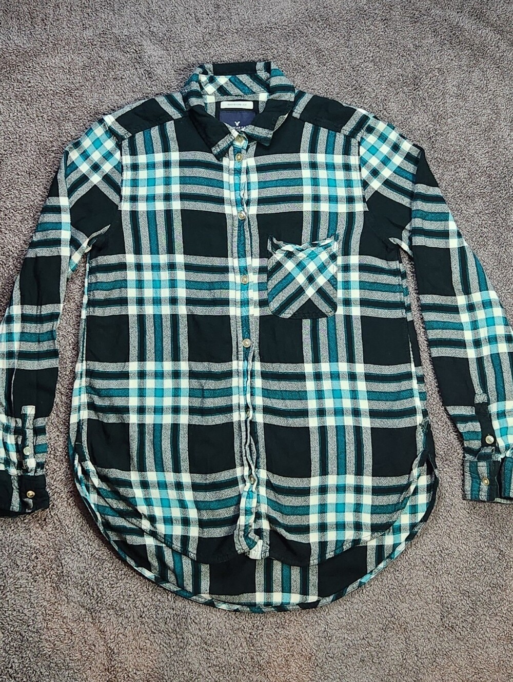 Teal, Green, & White Plaid American Eagle Flannel Shirt